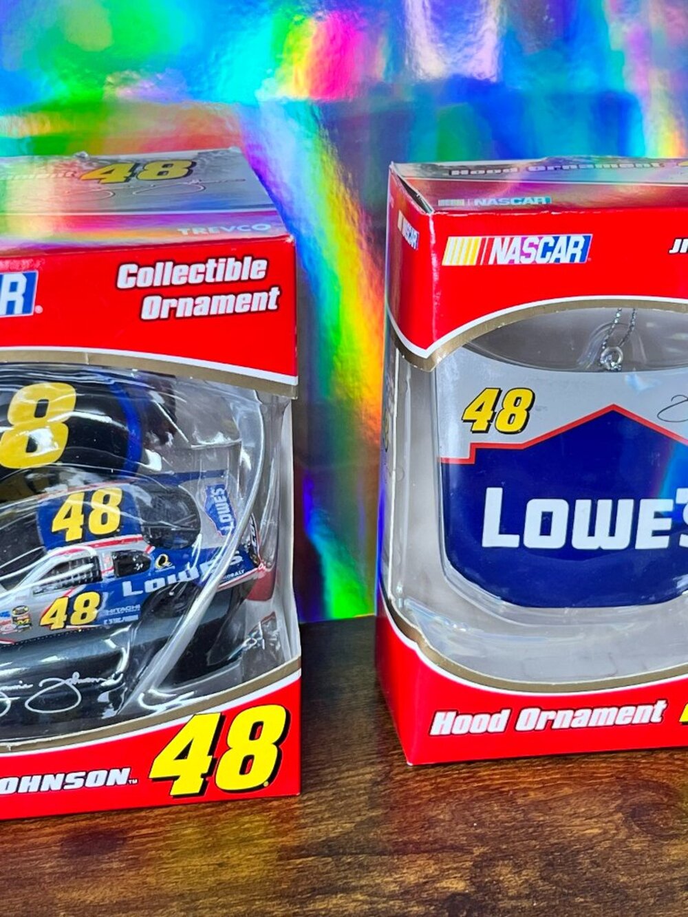 Set of 2 Vintage Jimmie Johnson #48 Lowe's NASCAR Trevco Christmas Ornaments NIB